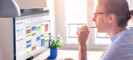 Women examines spreadsheet on computer screen
