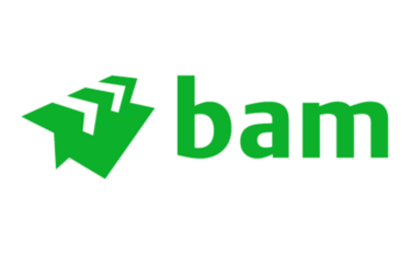 This image features BAM's logo on a white background. Their logo is a bright green angular graphic, with "BAM" written in bold green text to the right. 
