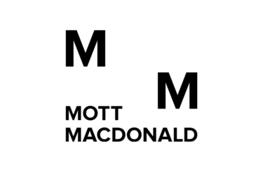 This image shows the Mott MacDonald logo, which is their name in bold black capital letters on a white background, with two "M"s - one on the top left and one on the middle right, to represent their initials. 