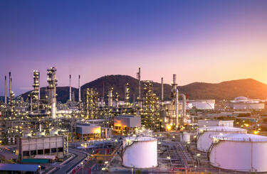 Aerial view of refinery plant, petrochemical at twilight