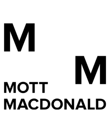 This image shows the Mott MacDonald logo, which is their name in bold black capital letters on a white background, with two "M"s - one on the top left and one on the middle right, to represent their initials.