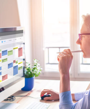 Women examines spreadsheet on computer screen