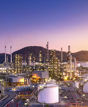 Aerial view of refinery plant, petrochemical at twilight