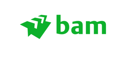 This image features BAM's logo on a white background. Their logo is a bright green angular graphic, with "BAM" written in bold green text to the right. 