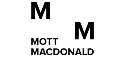 This image shows the Mott MacDonald logo, which is their name in bold black capital letters on a white background, with two "M"s - one on the top left and one on the middle right, to represent their initials. 