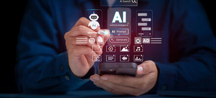 Artificial Intelligence and mobile technology concept. Man using smartphone for AI Search, Generative Edit, Live Translate, Chatbot assistant conversation. AI Agent. Chatbot. Agentic workflows. LLM.