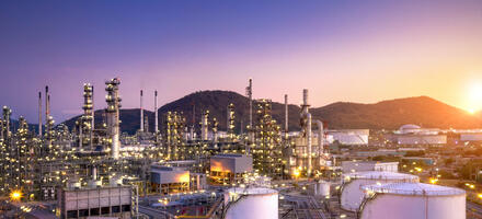 Aerial view of refinery plant, petrochemical at twilight