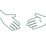 A teal coloured animated gif of two hands coming together to help one another
