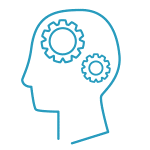 Blue outline head with cogs turning